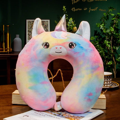 Perna de Calatorie in Forma de U, Vivimall, Pentru Gat si Cap, Umplutura din Spuma cu Memorie, 30x30 cm, Model Unicorn, Accesoriu de Voiaj, Birou, Masina, Sistem Prindere Capse, Multicolor - vivimall.ro