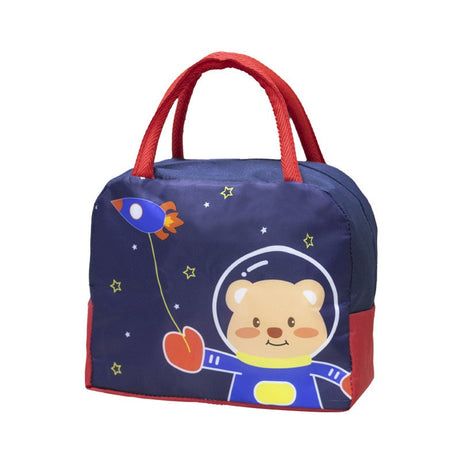 Geanta Termoizolanta Pentru Copii, 23X13X19 Cm, Model Imprimeu Ursulet Astronaut, Din Folie De Aluminiu Si Panza Oxford, Albastru/Rosu - vivimall.ro