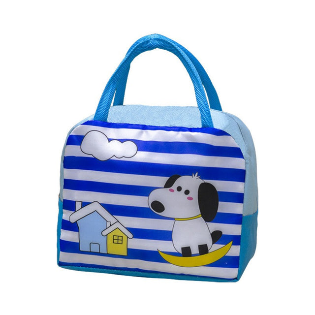 Geanta Termoizolanta pentru Copii, Vivimall, 23x13x19 cm, Model Imprimeu Catel, din Folie de Aluminiu si Panza Oxford, Albastru/Alb - vivimall.ro