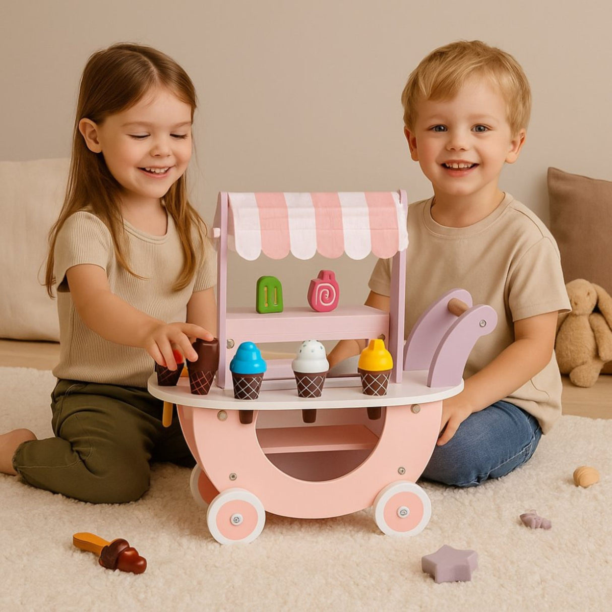 Carucior cu Inghetata pentru Copii, Flippy, din Lemn, Magnetic, Joc de Rol Montessori, cu Depozitare si Roti, 41x19x44 cm, Roz - vivimall.ro