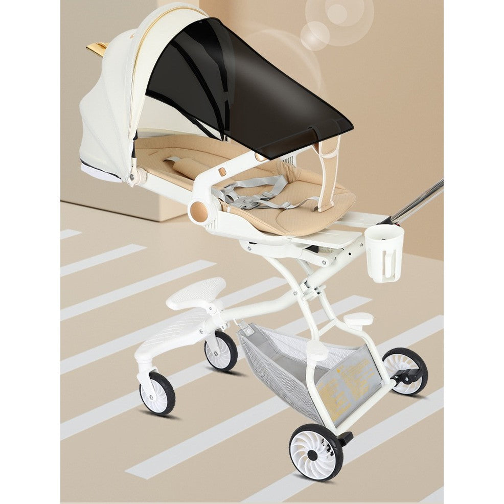 Carucior Sport Flippy 3in1, 6-36 Luni, Reversibil, Pliabil, Tavita pentru Masa, Pozitie de Somn, Centura de Siguranta, Roti 360, Suport Pahar, Copertina pentru Soare, 32x63x95cm, Alb, Model Ursulet - vivimall.ro