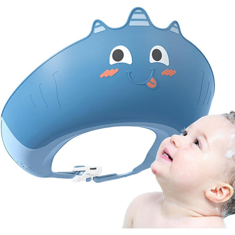 Casca de Dus, Vivimall, Previne Scurgerea Apei si Samponului pe Fata, 0-12 Ani, Ajustabila, din TPE+PP, 20 x 23 cm, Model Unicorn, Albastru - vivimall.ro