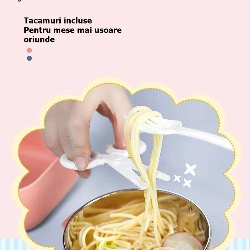 Caserola pentru copii Vivimall, lunch box, 750 ml, doua boluri, lingura, foarfeca din plastic, rezistenta la scurgeri, Roz - vivimall.ro