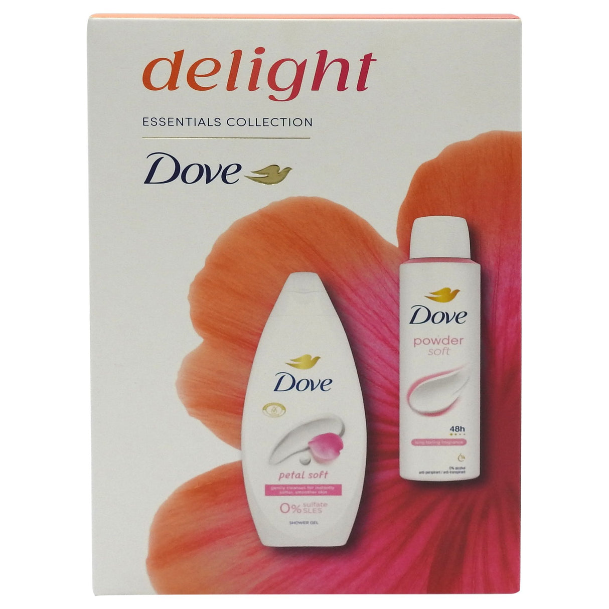Casetă cadou Dove Delight Petal Soft cu gel de duș 250 ml și deodorant spray 150 ml, vedere frontală