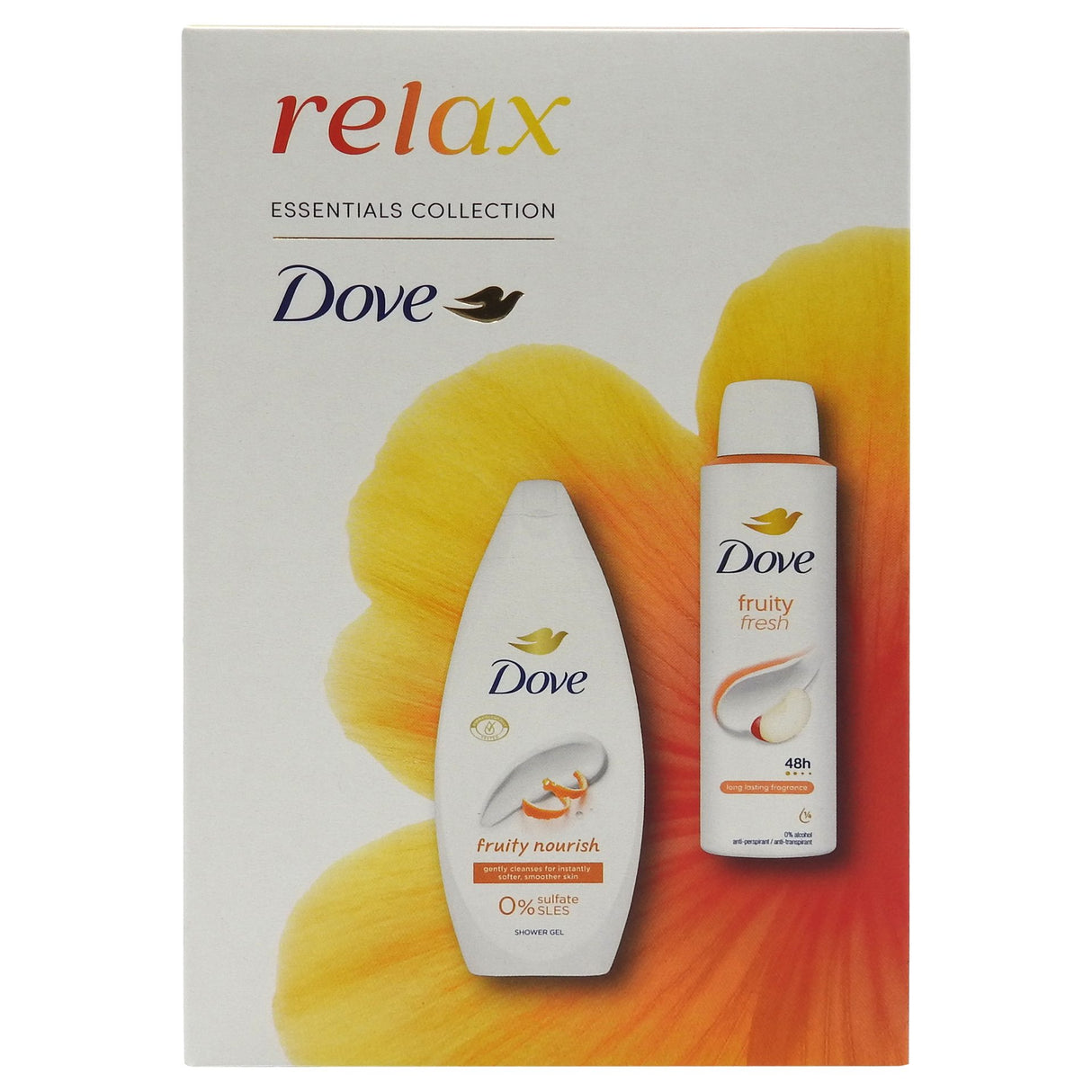 Casetă cadou Dove Relax Fruity Fresh cu gel de duș 250 ml și deodorant spray 150 ml, vedere frontală