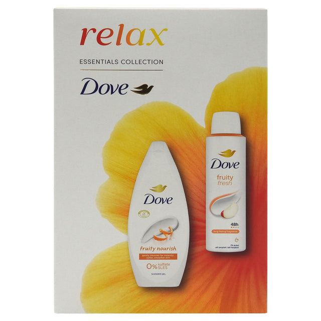 Casetă cadou Dove Relax Fruity Fresh cu gel de duș 250 ml și deodorant spray 150 ml, vedere frontală