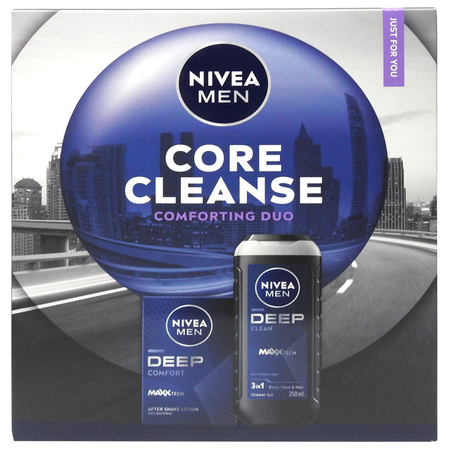 Casetă cadou Nivea Men cu aftershave 100 ml și gel de duș Cleanse Comforting 250 ml, vedere frontală