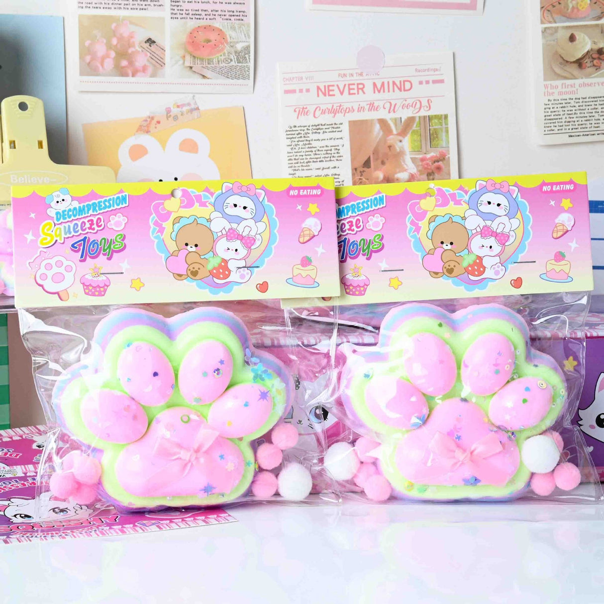 Jucarie Antistres Squishy, Vivimall, cu Revenire Lenta, Model Labuta de Pisica YY1005, 220g, 12.5 x 10.5 cm, Squeeze Pinch Family, Ambalaj Transparent, Roz-Curcubeu - vivimall.ro