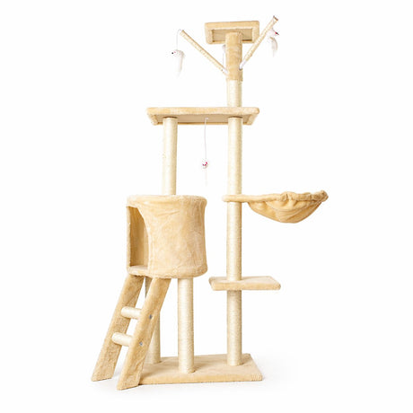 Ansamblu de Joaca pentru Pisici, Flippy, Cat Climbing Frame Multifunctional, cu Platforme, Cusca, Hamac si Scara de Catarare, 49x35x135 cm, Crem - vivimall.ro