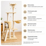 Ansamblu de Joaca pentru Pisici, Flippy, Cat Climbing Frame Multifunctional, cu Platforme, Cusca, Hamac si Scara de Catarare, 49x35x135 cm, Crem - vivimall.ro