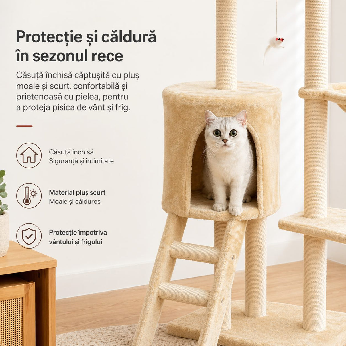 Ansamblu de Joaca pentru Pisici, Flippy, Cat Climbing Frame Multifunctional, cu Platforme, Cusca, Hamac si Scara de Catarare, 49x35x135 cm, Crem - vivimall.ro