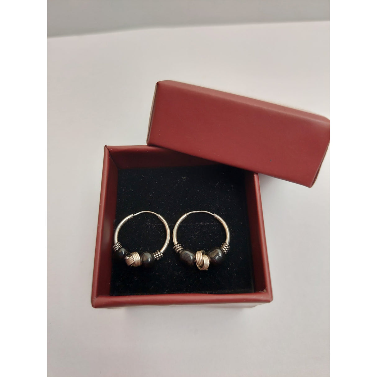 Сребърни обеци 925 креолски 12 мм с черни камъни, Jolie Silver, 1.2G