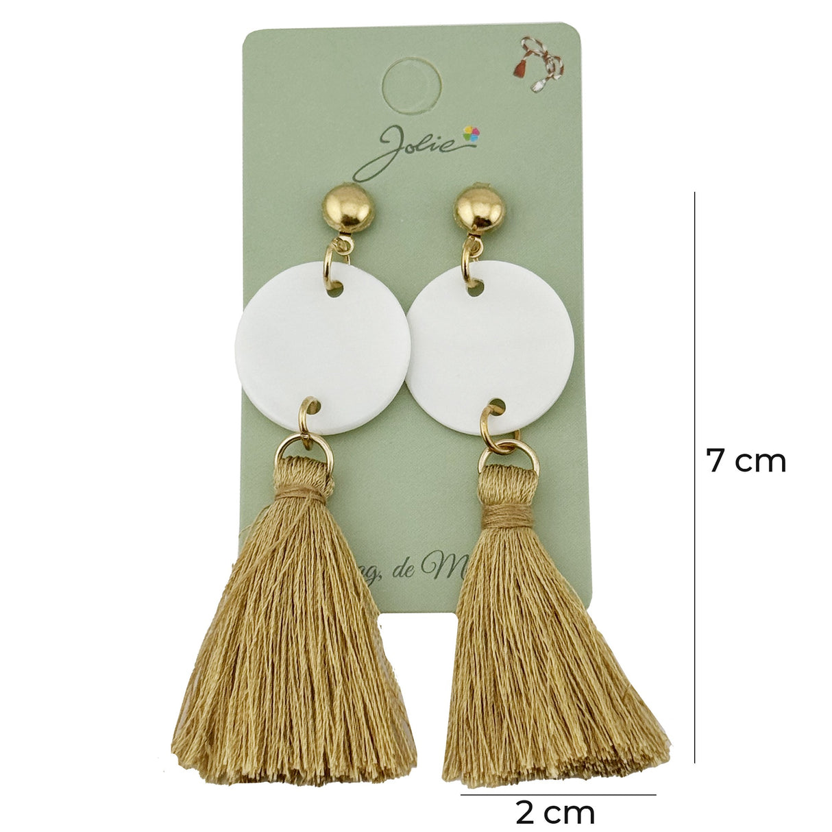 Cercei lungi aurii Jolie purtați, stil elegant casual, model disc cu ciucuri