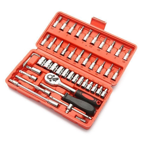 Chei tubulare Set 46 de Piese, Vivimall, Trusa Scule de Reparatii Auto, Prelungitoare Rigid si Flexibil, Articulatie Cardanica, Antrenor de Forta Glisant, Adaptoare, Maner pentru Surubelnita, 23 x 12 x 4 cm, 1.9 kg, Cutie Rosie - vivimall.ro
