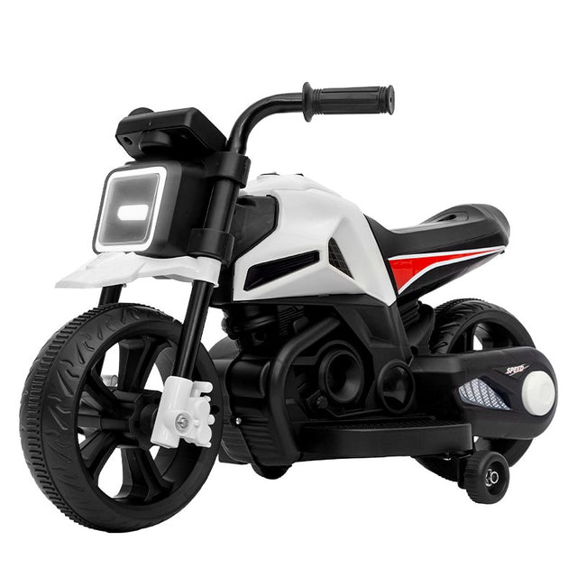 Motocicleta Electrica cu 2 Roti Mari si 2 Roti Ajutatoare, Vivimall, Acumulator Incarcare, Anti-Rasturnare, Lumini, Muzica, Motor:380, Baterie 6V4.5, 41.5x70x34 cm, 4.5 Kg, 3 Ani+, Alb Negru - vivimall.ro