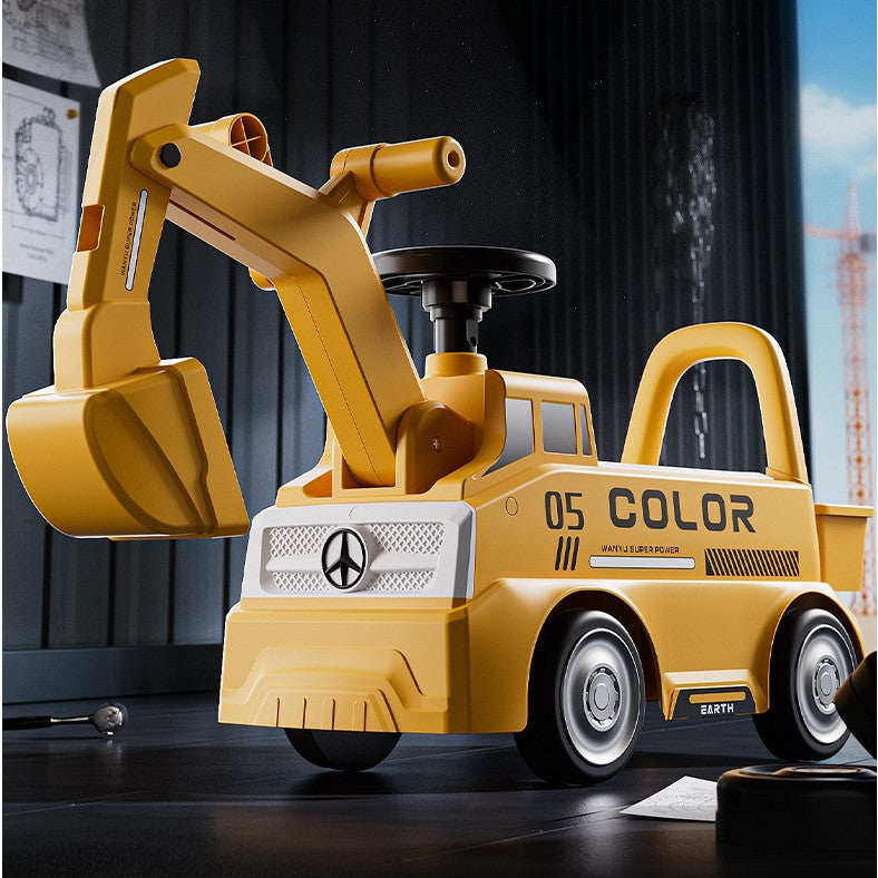 Excavator Manual pentru copii, Vivimall, 3 ani, Sport, Claxon, Cutie Depozitare, Lumini, Scaun, 62x26x47 cm, Galben - vivimall.ro