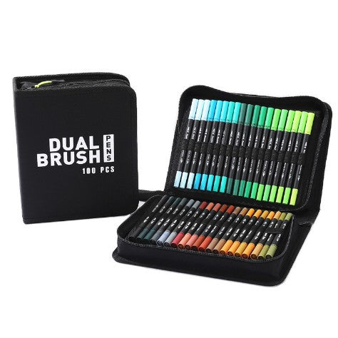 Set Carioci Pe Baza De Apa, 2 In 1, Pentru Pictura, Caligrafie, 100 Culori, Penar Negru, Corp Carioca Negru