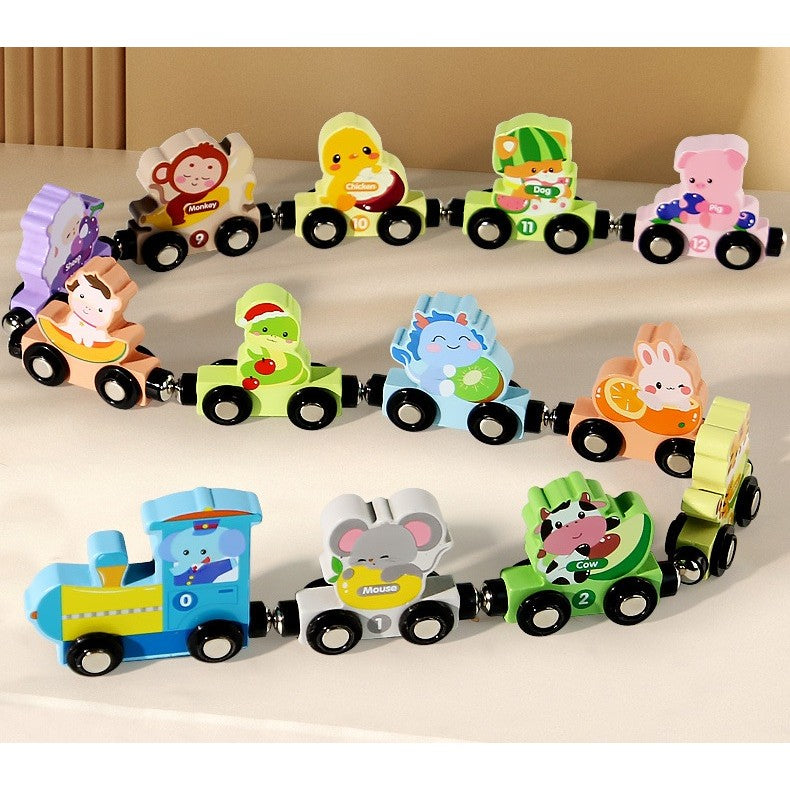 Trenulet Magnetic, Flippy, din Lemn, Model Zoo, 12 Animale, +3 Ani, Jucarie de Asamblat, Multicolor - vivimall.ro