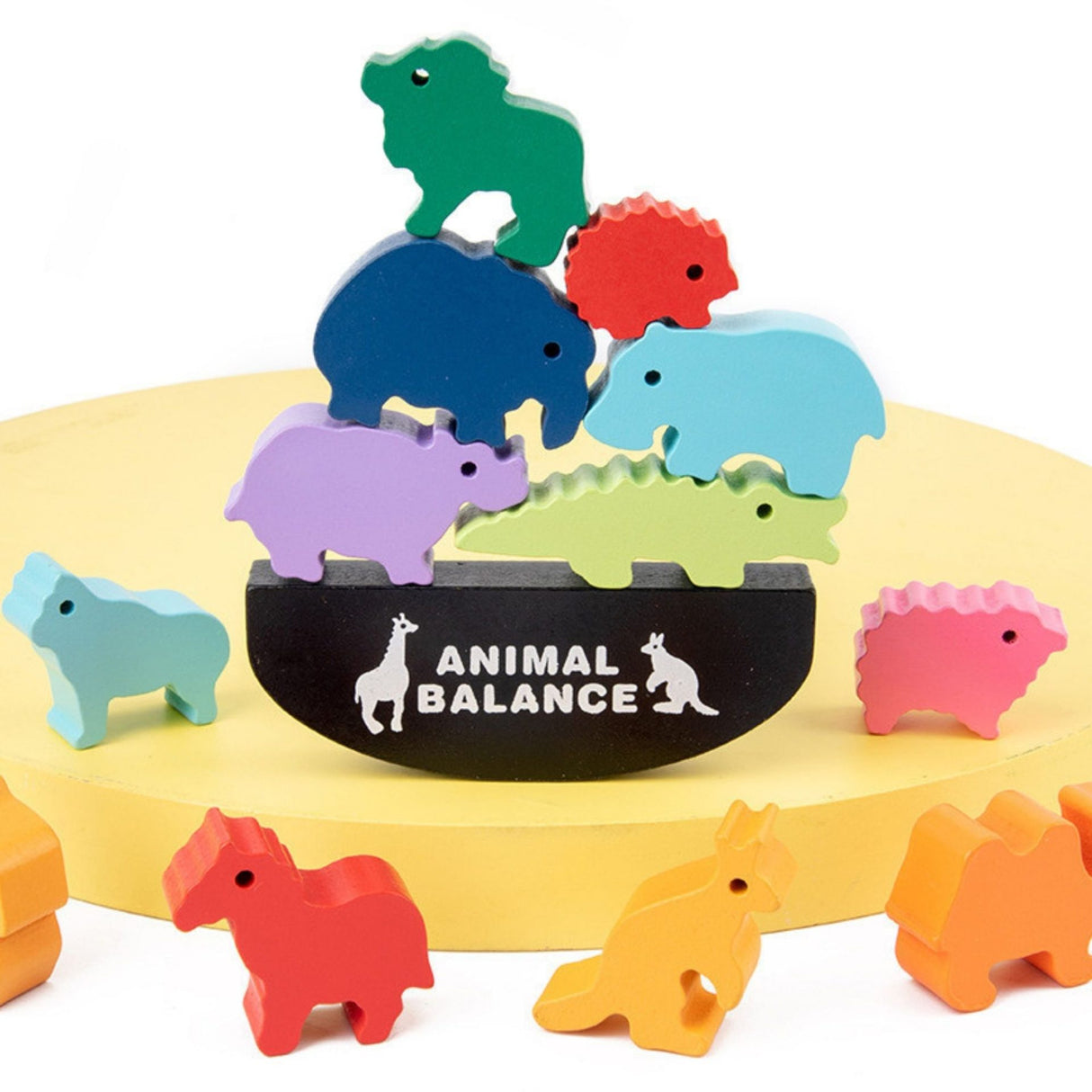 Detaliu animale din lemn masiv colorat Flippy Animal Balance – elefant, girafă, cangur, crocodil
