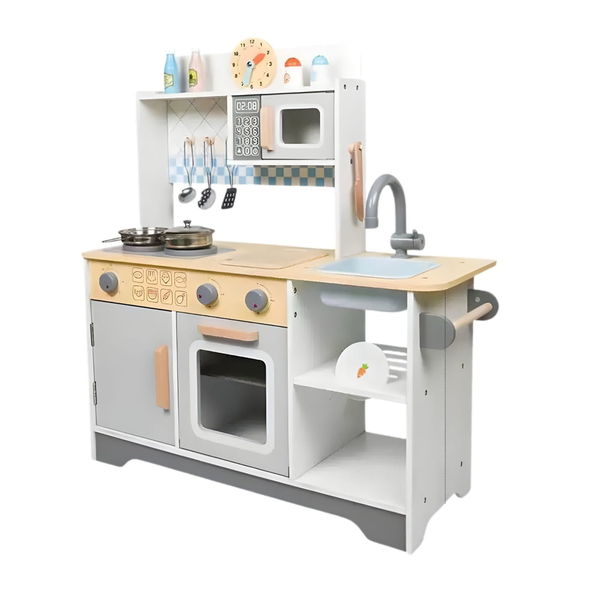 Bucatarie Multifunctionala pentru Copii, Flippy, Stil Montessori, Set Complet din Lemn, Include Plita, Cuptor, Chiuveta, Spatiu de Depozitare, 76.6 x 69 cm, Gri/Multicolora - vivimall.ro