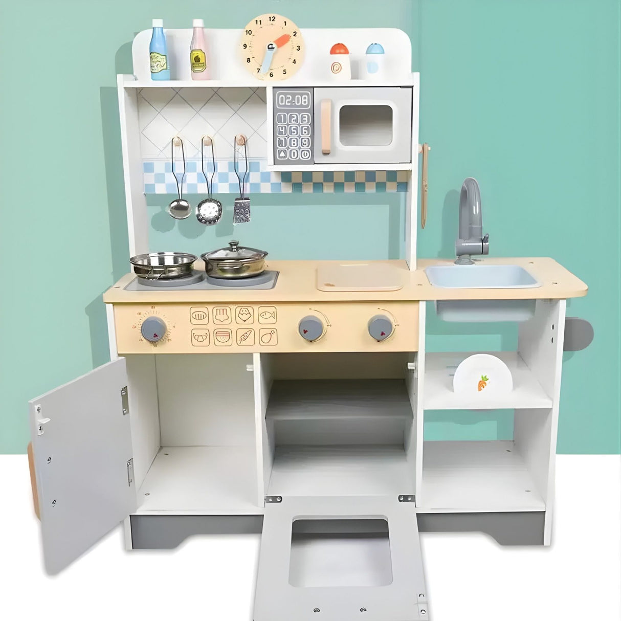 Bucatarie Multifunctionala pentru Copii, Flippy, Stil Montessori, Set Complet din Lemn, Include Plita, Cuptor, Chiuveta, Spatiu de Depozitare, 76.6 x 69 cm, Gri/Multicolora - vivimall.ro
