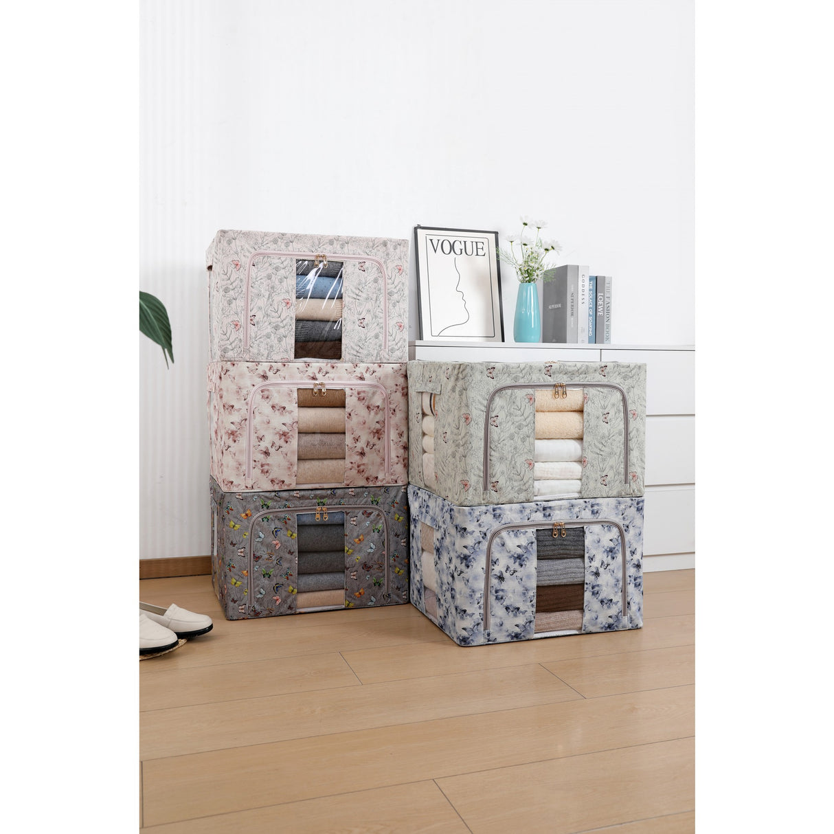 Cutie Depozitare, Vivimall, 66L, din Material Textil, 50 x 40 x 33 cm, pentru Haine si Lenjerii, Model Fluturasi, Gri Inchis - vivimall.ro