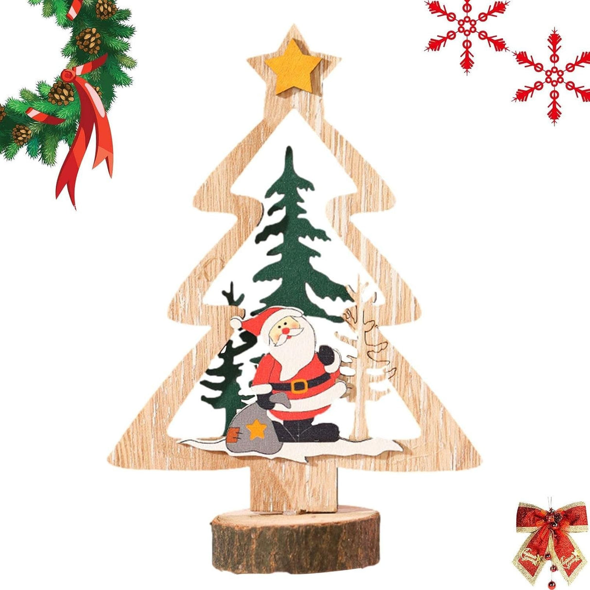 Decoratiune de Craciun, Flippy, din Lemn, 13.5 x 20 cm, Model Brad cu Stea Galbena, Multicolor - vivimall.ro