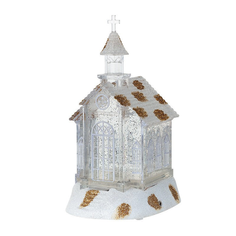 Decoratiune De Craciun, Model Bisericuta A Cu Sclipici, Iluminare Led Si Efect Zapada, Alb