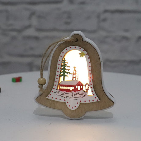 Ornament de Brad, Flippy, cu Lumini LED, din Lemn, Model Clopot, Multicolor - vivimall.ro