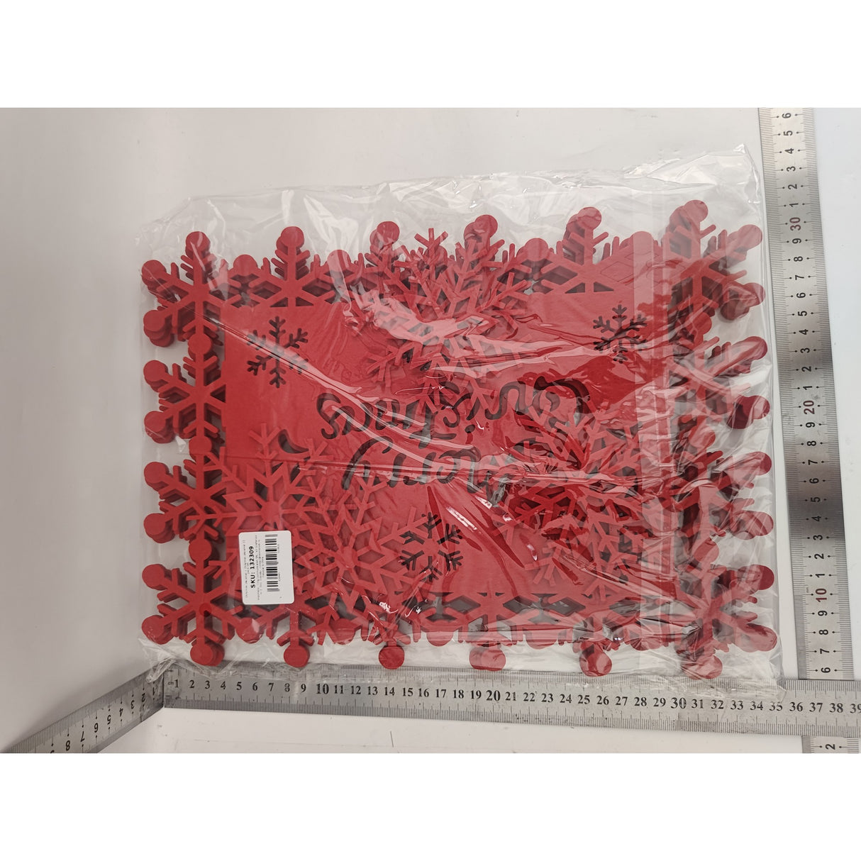 Set 12 Servete pentru Masa si Suporturi de Pahare/Tacamuri, Vivimall, Scris Merry Christmas, 6 Servete 25x35 cm, 6 Suporturi de 10x10 cm, Rosu - vivimall.ro