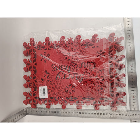 Set 12 Servete pentru Masa si Suporturi de Pahare/Tacamuri, Vivimall, Scris Merry Christmas, 6 Servete 25x35 cm, 6 Suporturi de 10x10 cm, Rosu - vivimall.ro