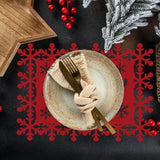 Set 12 Servete pentru Masa si Suporturi de Pahare/Tacamuri, Vivimall, Scris Merry Christmas, 6 Servete 25x35 cm, 6 Suporturi de 10x10 cm, Rosu - vivimall.ro