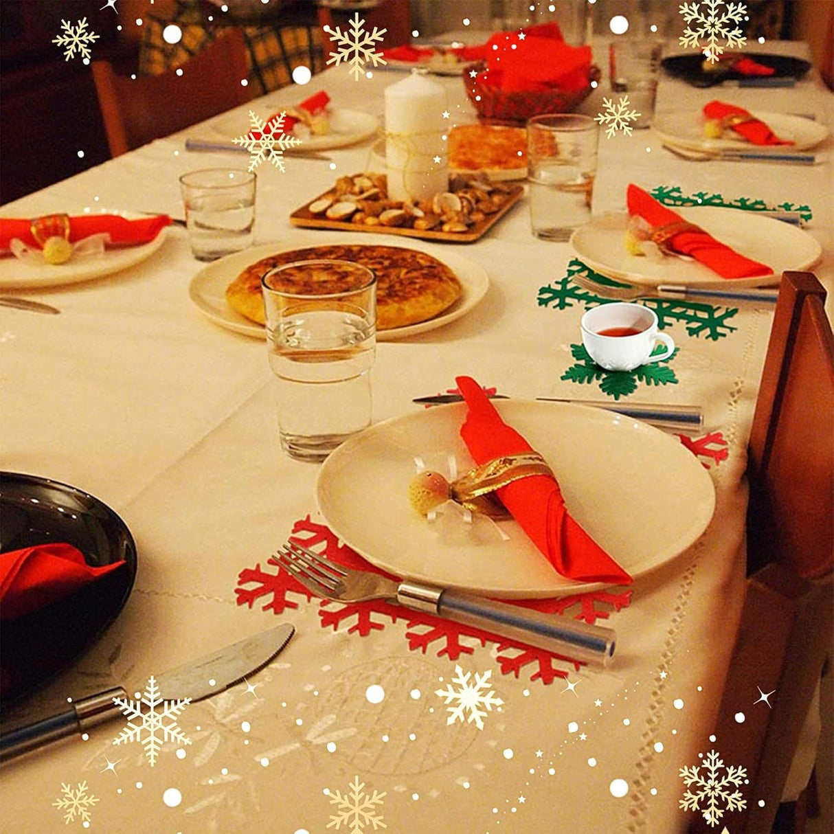 Set 12 Servete pentru Masa si Suporturi de Pahare/Tacamuri, Vivimall, 4 Servete 25x35 cm, 4 Suporturi de 13x15 cm, 4 Suporturi de 9.3x10.5 cm, Verde-Rosu - vivimall.ro