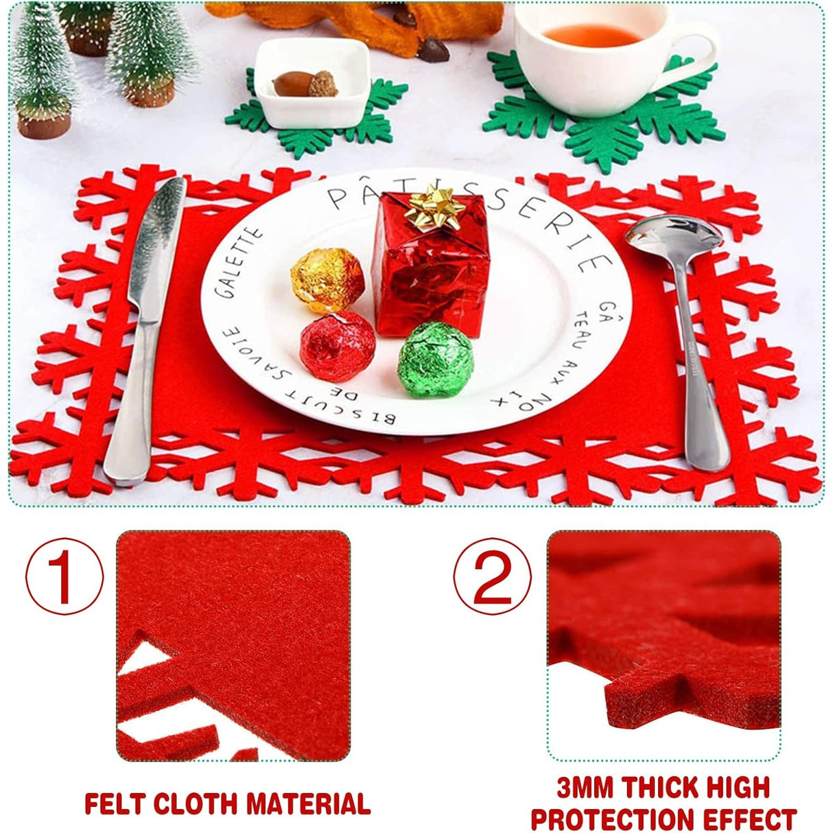 Set 12 Servete pentru Masa si Suporturi de Pahare/Tacamuri, Vivimall, 4 Servete 25x35 cm, 4 Suporturi de 13x15 cm, 4 Suporturi de 9.3x10.5 cm, Verde-Rosu - vivimall.ro