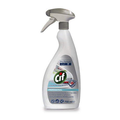 Flacon CIF Professional Alcohol Spray 0,75 L cu capac pulverizator, detaliu etichetă cu specificații D4.12