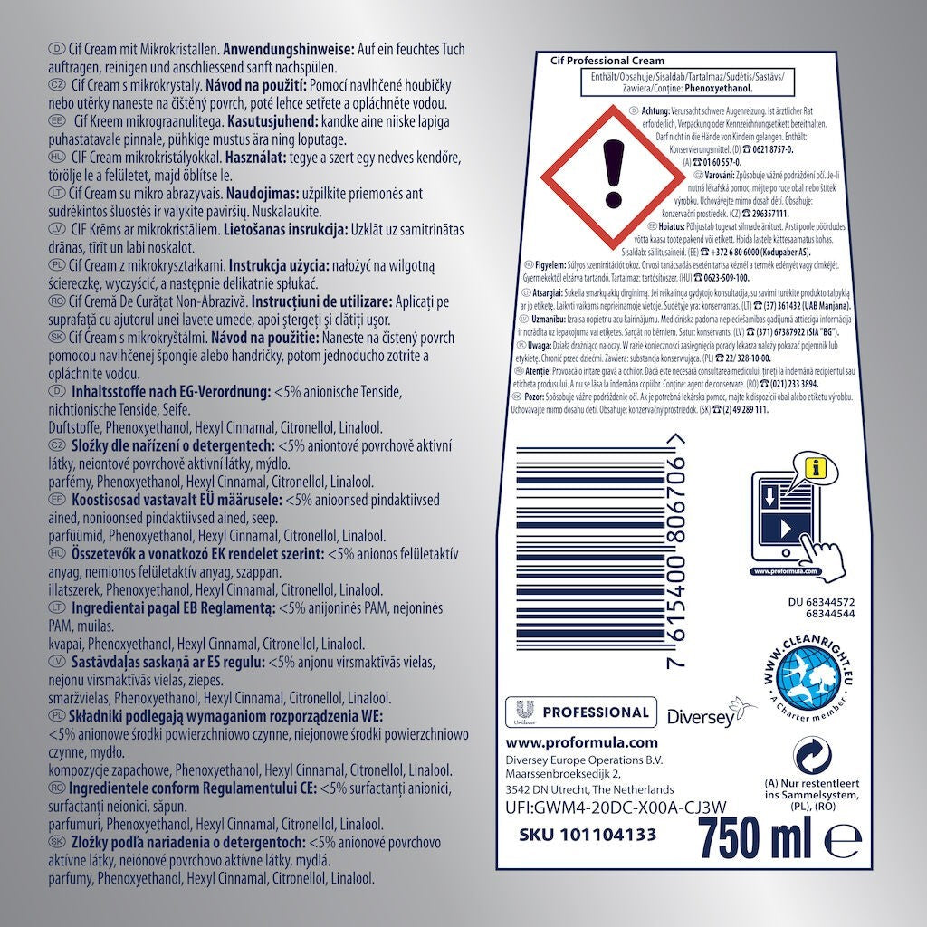 CIF Professional Cream – Crema de Curatare Non-Abraziva 0.75 L - vivimall.ro