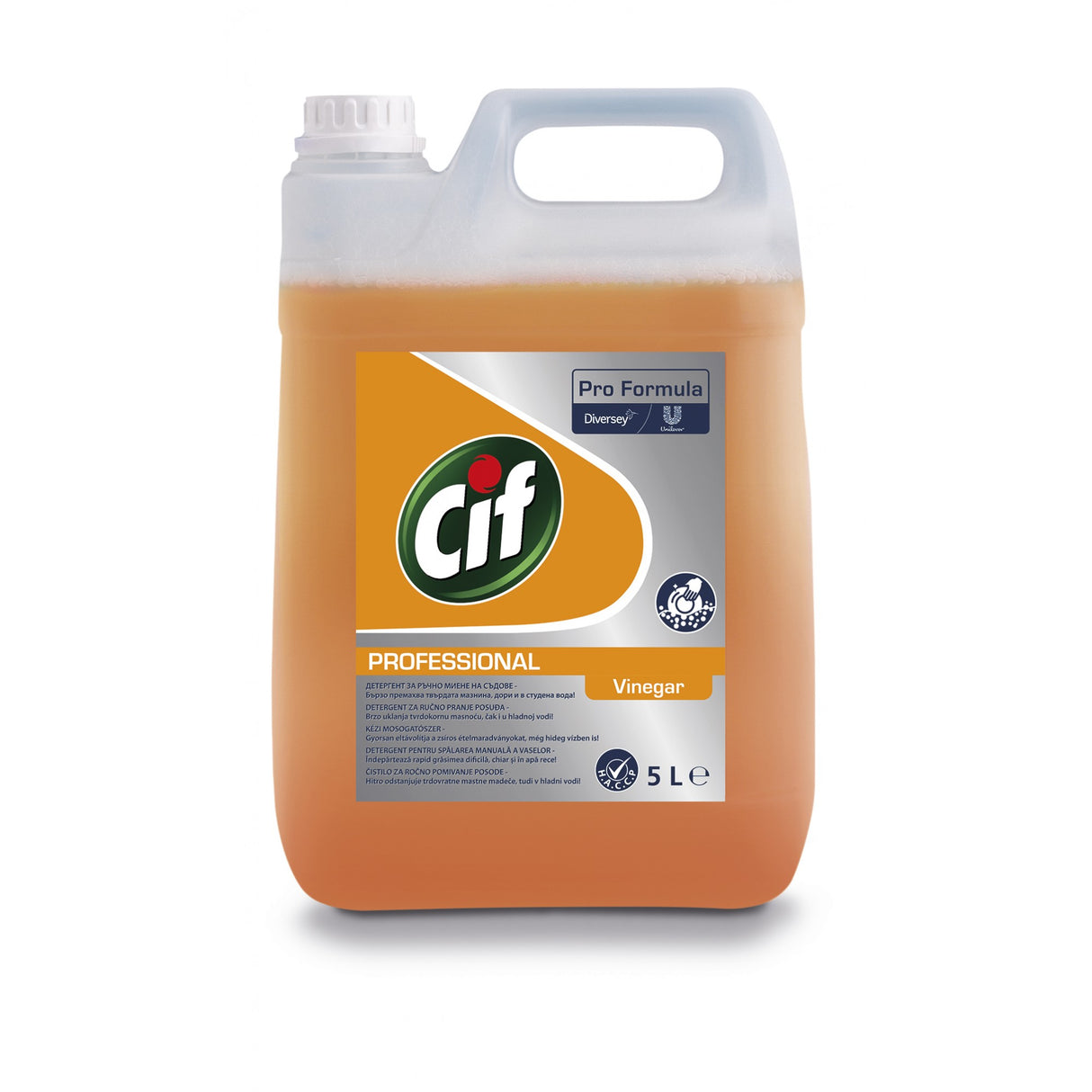 Flacon CIF Professional Heavy Duty Vinegar 5 L, etichetă cu formulă Pro Formula și oțet natural