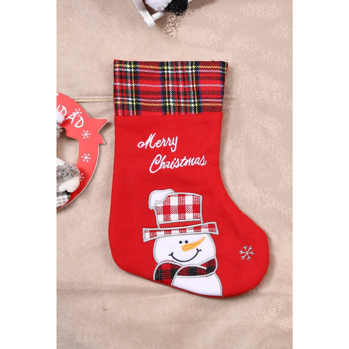 Ciorap Cadouri, culoare rosie, imprimeu om de zapada,marimea 15x30 cm, Vivimall - vivimall.ro