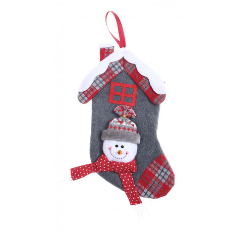 Ciorap Cadouri, model casa, culoare gri, imprimeu om de zapada, marimea 15x30 cm, Vivimall - vivimall.ro