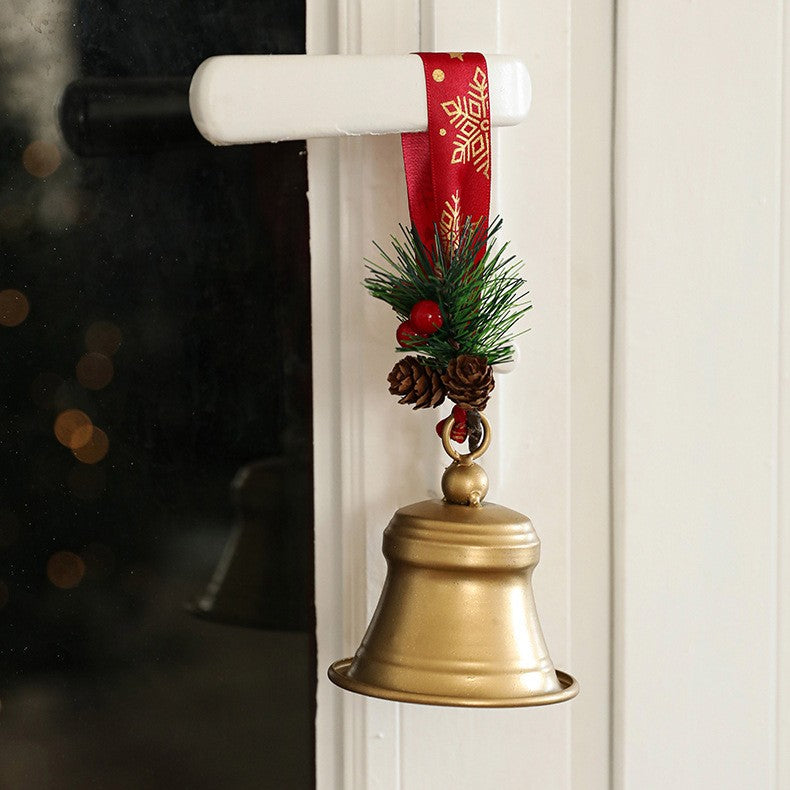 Clopot decorativ pentru Brad Craciun, Flippy, Clopot din Metal cu Funda si Crenguta de Brad pentru Decoratiune de Craciun, 10 x 8 x 8 cm, Auriu - vivimall.ro