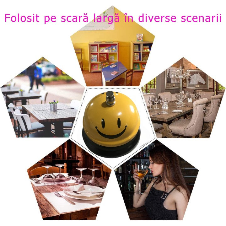 Clopotel Metalic Multifunctional, Vivimall, Galben cu Imprimeu Smiley Face, 7.5x7.5x6.5 cm, Receptie, Restaurant, Cafenele - vivimall.ro