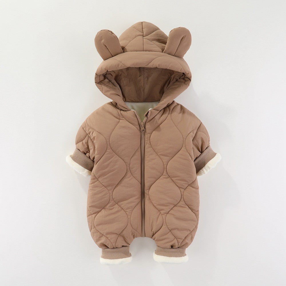 Combinezon de Iarna, Vivimall, pentru Bebelusi, din Bumbac, cu Urechi, Mansete Elastice, Unisex, 66 cm, Maro - vivimall.ro