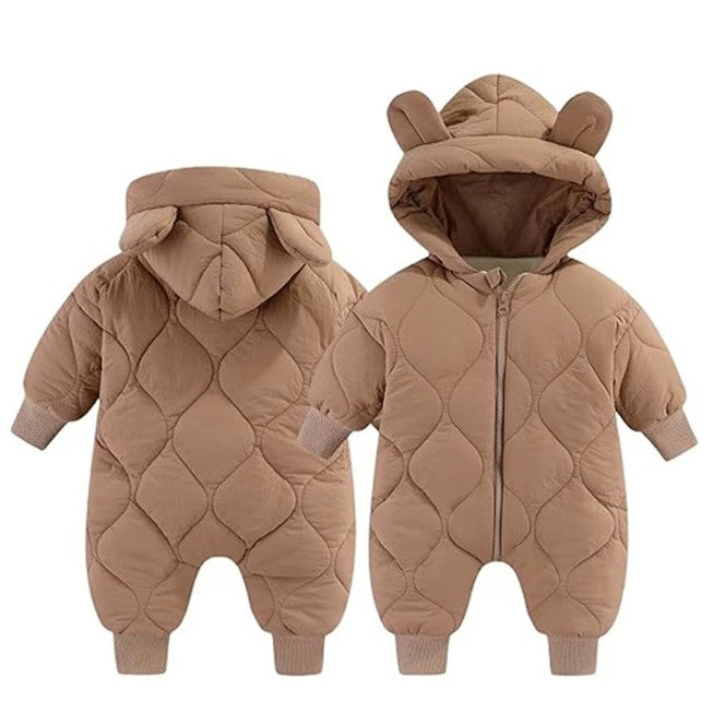 Combinezon de Iarna, Vivimall, pentru Bebelusi, din Bumbac, cu Urechi, Mansete Elastice, Unisex, 66 cm, Maro - vivimall.ro
