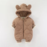 Combinezon de Iarna, Vivimall, pentru Bebelusi, din Bumbac, cu Urechi, Mansete Elastice, Unisex, 73 cm, Maro - vivimall.ro