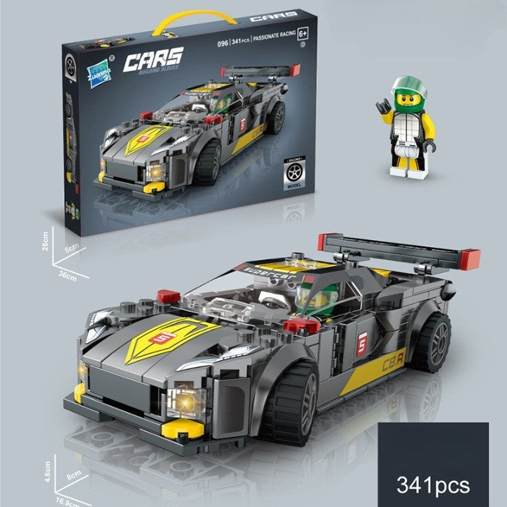 Set de Constructie Masina de Curse, Vivimall, 14.4x5.6x4.5 cm, 341 de Piese, Masina Sport cu Pilot, 6 ani, Gri - vivimall.ro