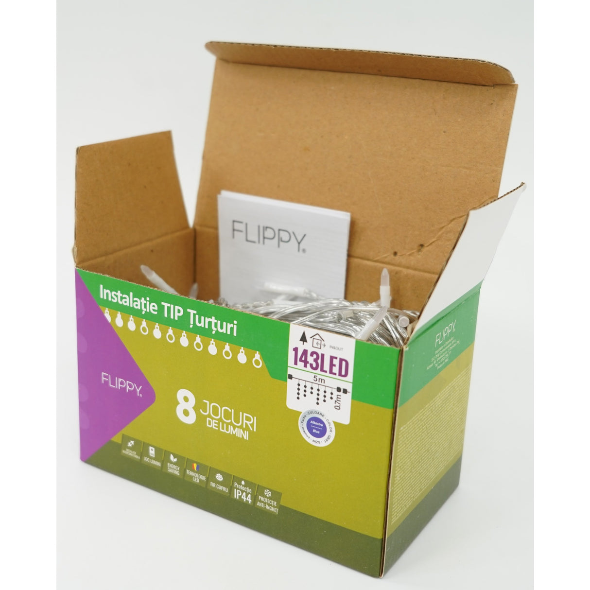 Sectiune Instalatie de Craciun, Vivimall®, Tip Turturi, Fara Alimentator, 5m, 143 LED-uri, 8 Jocuri de Lumini, Fir Transparent, Lumina Albastra, IP44, Interconectabila - vivimall.ro