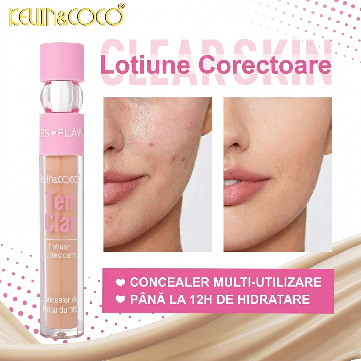 Corector Lichid pentru Ten, Kevin Coco, Clear Skin, Nuanta Bej Deschis, Subton Roz Piersica - vivimall.ro