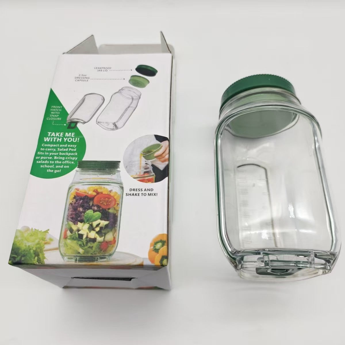 Container Caserola pentru Salata, Vivimall, Borcan pentru Salata din Sticla, Gradat in ml, 1L, 19 x 10 x 10 cm, Capac Verde, Transparenta - vivimall.ro