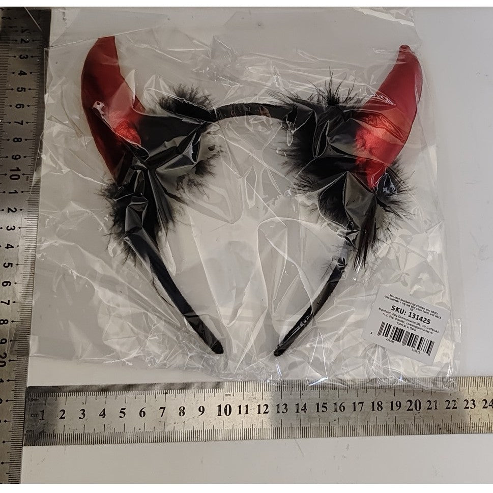 Coronita Deghizare, Vivimall, Model Cornite Devil, Rosu Satinat cu Puf Negru, Marime Universala - vivimall.ro