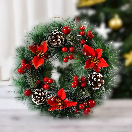 Coronita pentru Craciun Vivimall, diametru 32 cm, din brad artificial, decorata cu conuri si merisoare, 3 Funde Rosii. Verde/Alb - vivimall.ro